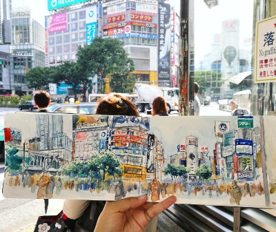 Shibuya Crossing, Tokyo sketch by Jenny Xia